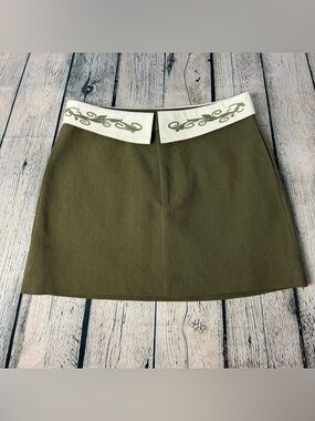 Line & Dot NWT Olive Linen Blend Mini Skirt Embroidered Collared Waist Sz Medium